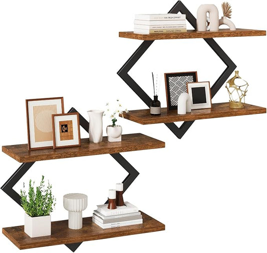 IBUYKE Floating Shelves,15 Inch Wall Shelf Set of 2,Wall Mounted Shelves,2 Tier Hanging Decorative Storage Shelf for Living Room, Bedroom, Bathroom, Kitchen TFS003H-2