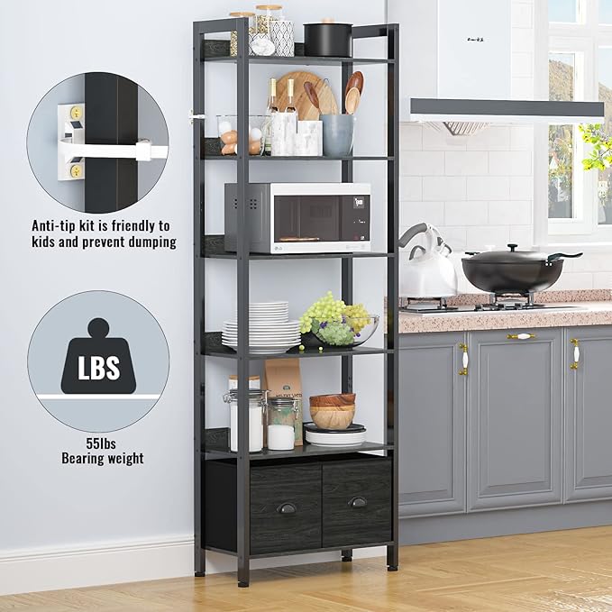 Furologee 6-Tier Bookshelf, Tall Bookcase with 2 Drawers Storage Organizer, Industrial Display Free Standing Shelf Units, Wood and Metal Storage Rack for Home Office, Bedroom, Black Oak