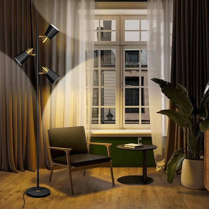 Tree Floor Lamp for Living Room, Industrial 3-Light Standing Lamp with 3 LED Bulbs, Adjustable Rotation Heads, Standing Tall Pole Lamp Farmhouse Rustic Reading Lamps for Bedroom Office (Black Gold)