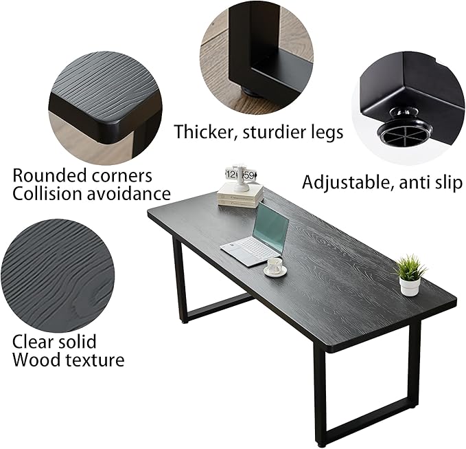 Modern Solid Wood Dining Table with Metal Base Stylish Durable Dining Room Table in Black Multiple Sizes Home Use Office Desk(70.87in)