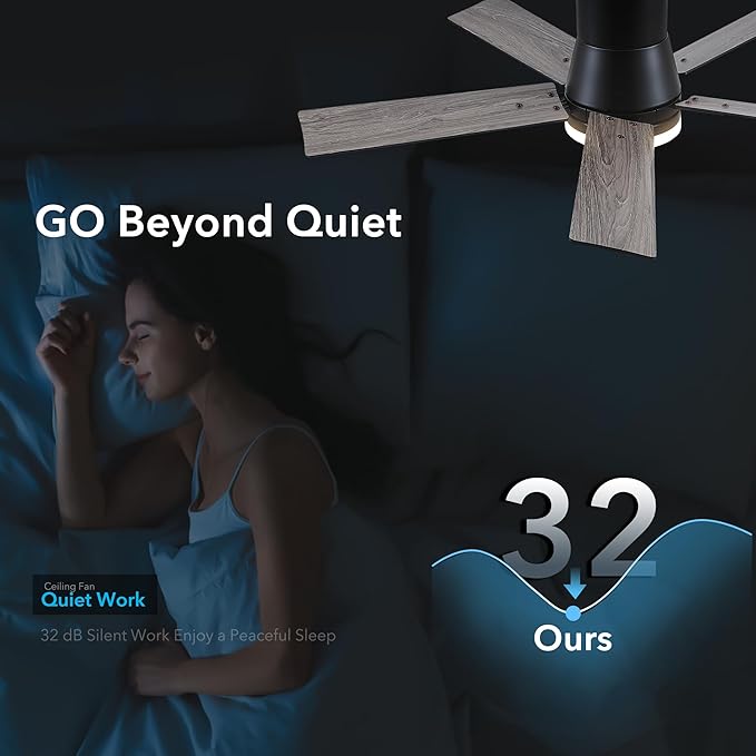 Rayqueen 42 Inch Ceiling Fans with Lights and Remote, Flush Mount Black Ceiling Fan, 6 Speed Reversible DC Motor, 3CCT Dimmable LED-Low Profile Design for Bedroom, Living room & Covered Outdoor
