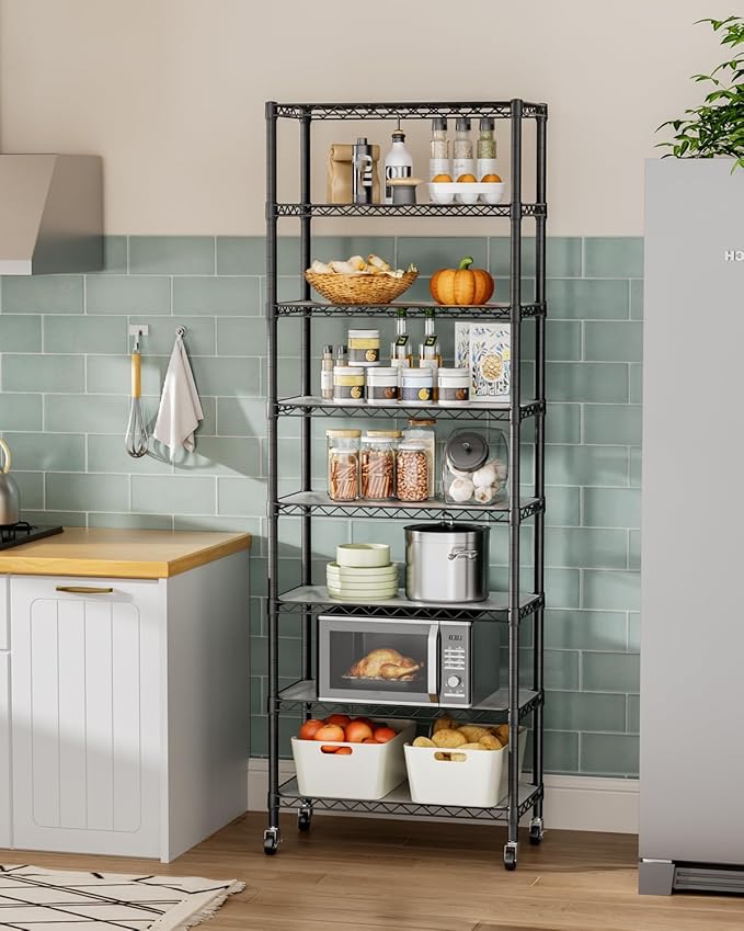 8 Tier Shelves Storage Shelf Wire Closet Bathroom Organizers Metal Pantry Kitchen Garage Shelving Unit Laundry Room Organization Home Rack Net Basket Black with Wheels 12”D X 22”W X 74.2”H