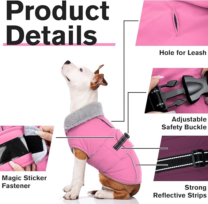 Lelepet Warm Dog Coat Reflective Fleece Vest Waterproof Dog Jacket with Adjustable Buckle Hook & Loop Windproof Cold Weather Coats for Small Medium Large Dogs, Pink, M