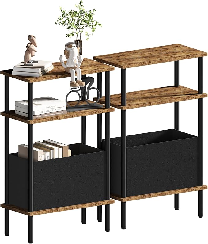 Narrow Side Table with Fabric Basket, Set of 2 End Table for Small Spaces, Slim Nightstand with 3-Tier Storage Shelf, Sofa Beside Table, for Living Room, Bed Room, Rustic Brown