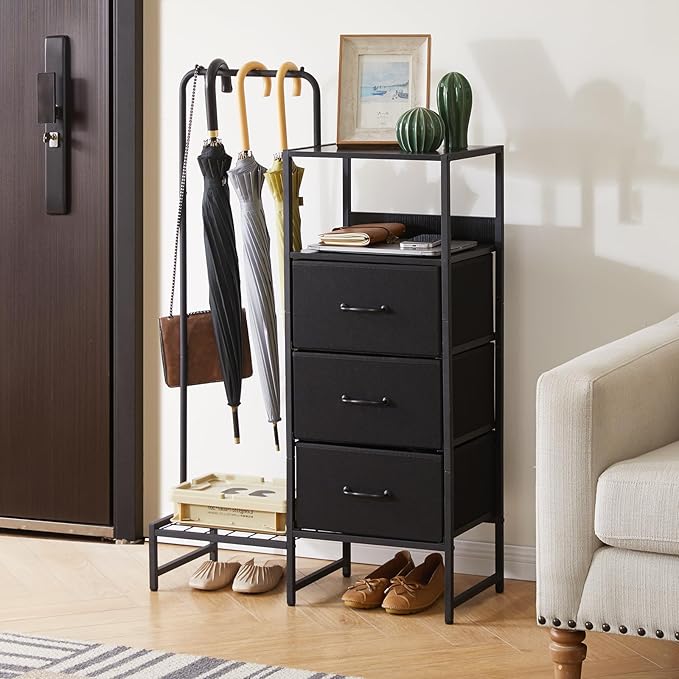 Clothes Rack with Shelves and Hanging Rod, 3 Drawers Small Coat Hanger, Reversible Clothes Rack, Black YD-TM081B