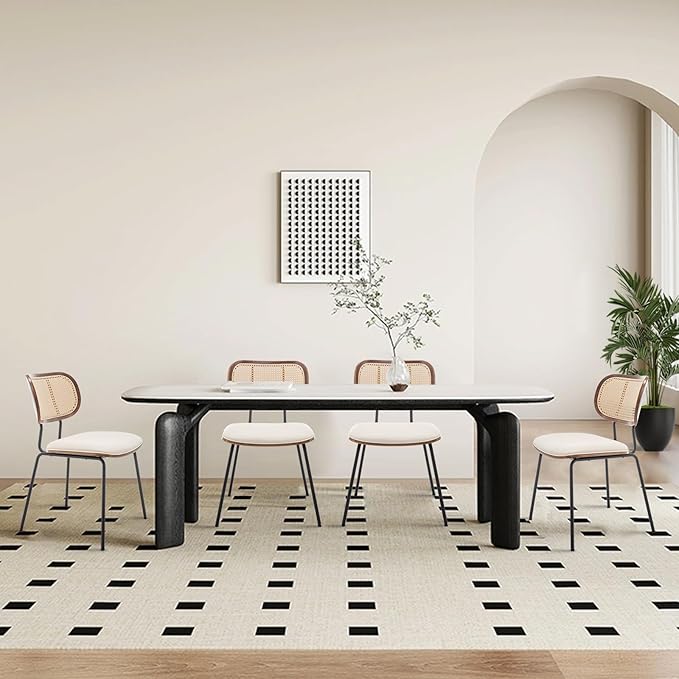 Rattan Dining Chairs Set of 2, Mid Century Modern Dining Chairs with Cane Back for Kitchen Dining Room, 19 Inch Faux Leather Beige