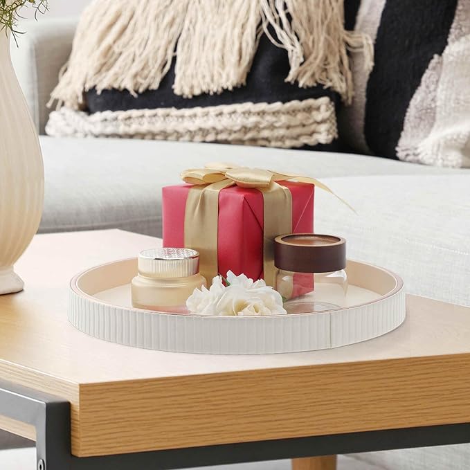 Decorative Tray, Round Tray Decor, Desk Organizer for Coffee Table, Living Room, Kitchen Counter, Beige