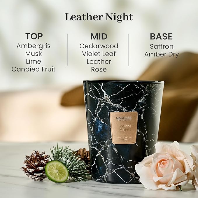 M&SENSE Extra Large Candle 35oz 150H LeatherNight Scented Candle,3 Wick Highly Scented Jar Candle, XL Candles Gift for Women and Men