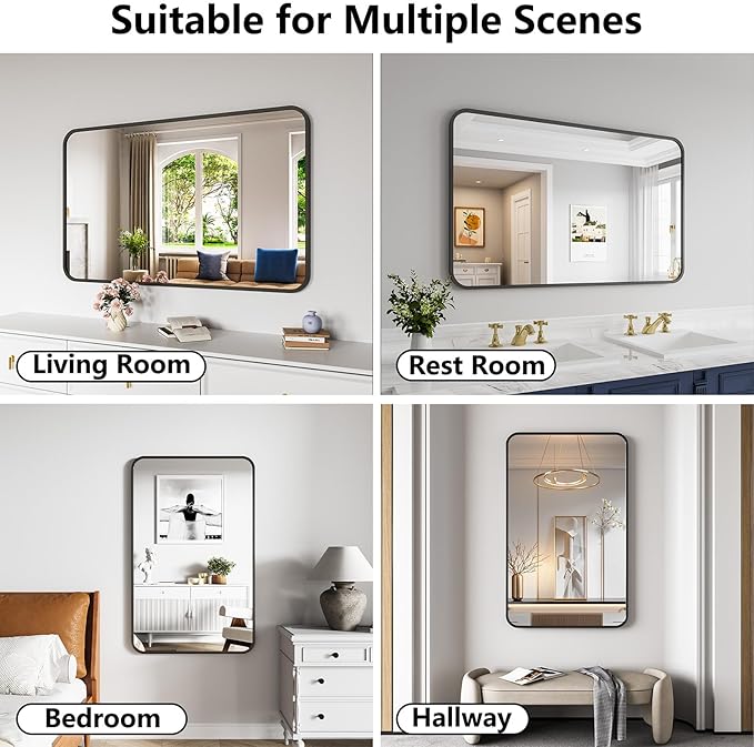 Koonmi Bathroom Mirror, 30X48 Brushed Black Metal Framed Wall-Mounted Mirror for Over Sink, HD Tempered Glass, Anti-Rust, Rounded Rectangle Mirror for Restroom, Bedroom, Hangs Horizontal or Vertical