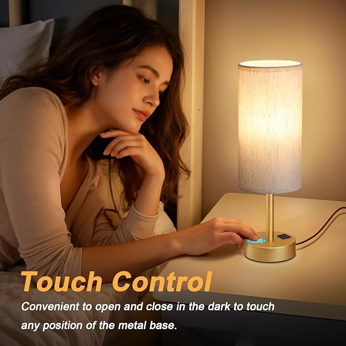 Dicoool Elegant Gold Touch Table Lamp, Modern Wedding Gift for Couples, Bedside Lamps with USB-C USB-A Charging Ports, 3 Way Dimmable Small Lamp for Office, Bathroom, Living Room，Christmas Gift