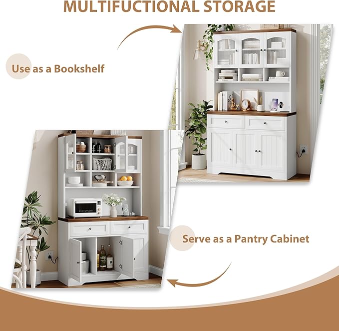 Garvee 71" Pantry Cabinet with Charging Station, Tall Kitchen Pantry Storage Cabinet with Microwave Stand, Farmhouse Kitchen Hutch with Storage Drawers for Living Room, Dining Room, White