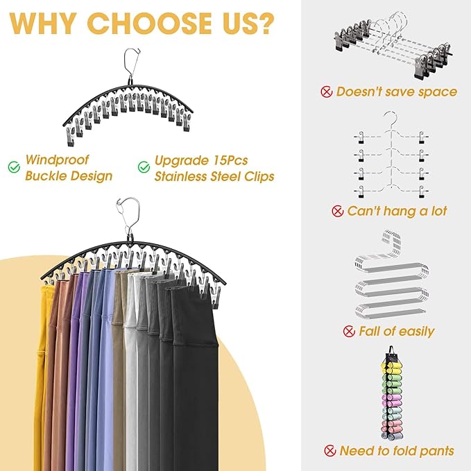 Upgrade Skirt Pants Hangers with Clips, Metal Legging Organizer for Closet with 15 Cilps Holds 90 Leggings/Shorts/Jeans/Skirts Pants Hangers Space Saving Closet Organizers and Storage, Black 6Pack