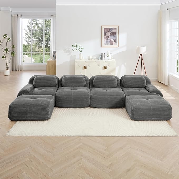 152" Modern Corduroy Cloud Sofa with Ottoman, U Shaped Boneless Modular Large Sectional Couches for Living Room, Gray 4 Seater Compressed Memory Foam Couch, Extra Deep Seat, No Assembly