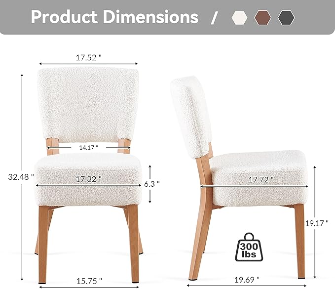 Howtek Modern Dining Chairs Set of 2 with 6.3" Thick Seat Cushions, Space-Saving Stackable Upholstered Kitchen Chairs, Ergonomic Backrest & Wood Grain Metal Legs, White