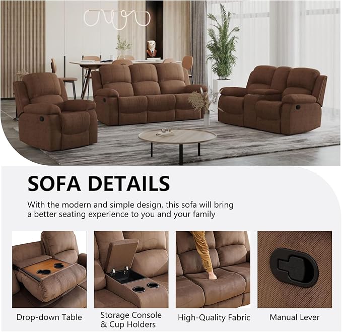 Manual Recliner Sofa Set,Microfiber Reclining Couch Set,Modern Living Room Furniture Set,Reclining Sofa Couch Chair for Living Room Home Office(Brown,Sofa+Loveseat)