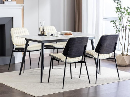 Dining Chairs Set of 6, Mid Century Modern Accent Dining Room and Kitchen Chairs, Upholstered PU Leather Vertical Stripe Chairs for Vanity with Walnut Bentwood and Metal Legs, Beige