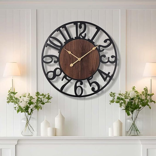 Vantic 24 Inch Large Wall Clock, Arabic Numeral Wood Oversized Wall Clocks for Living Room Decor, Farmhouse, Bedroom and Kitchen, Completely Silent, Non Ticking, Battery Operated