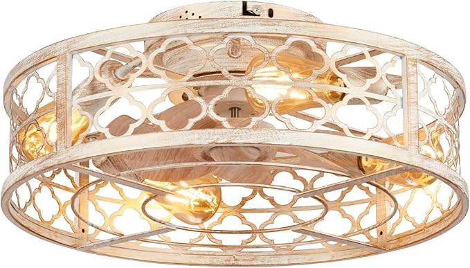 Farmhouse Ceiling Fans with Lights Remote Control,6 Speed Reversible Flush Mount Low Profile Rustic Antique White Ceiling Fan with Light,Boho Bladeless Country Caged Ceiling Light Fixture
