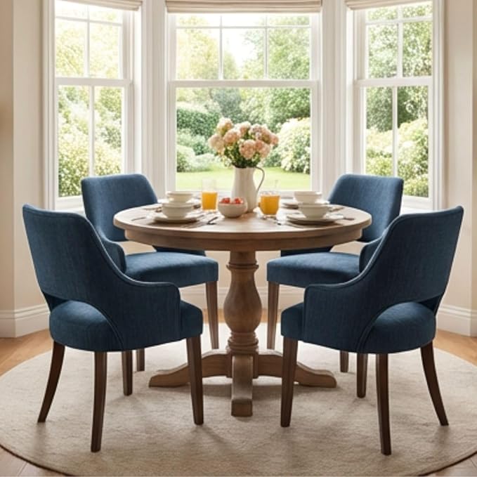 Linen Dining Chairs Set of 6 Upholstered Farmhouse Kitchen Chair with Arms Accent Chairs Side Chair with Wood Legs for Living Room/Dining Room/Bedroom/Restaurant, Blue