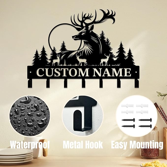 Personalized Custom Name Forest Deer Wall Keys Hooks,Metal Forest Deer Art Clothes Hooks,Metal Forest Deer Wall Home Storage Decorative,For Front Door, Hallway, Kitchen, Bedroom,Keys,Hats (Style D)