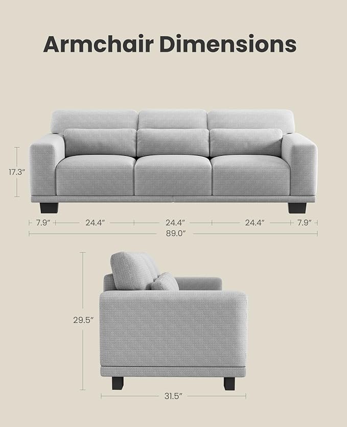 Amada 89" Sofa, 3 Seater Couch Sofa for Living Room, Modern Sofa with Deep Seats & Wide Armrests, Comfy Couch with Removable Washable Covers & Linen Fabric, Easy Assembly