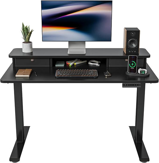 FEZIBO 40 x 24 Inch Height Adjustable Electric Standing Desk with Double Drawer, Computer Desk, Home Office Stand Up Table with 4 Height-Adjustable Feets & 2 Hooks, Black
