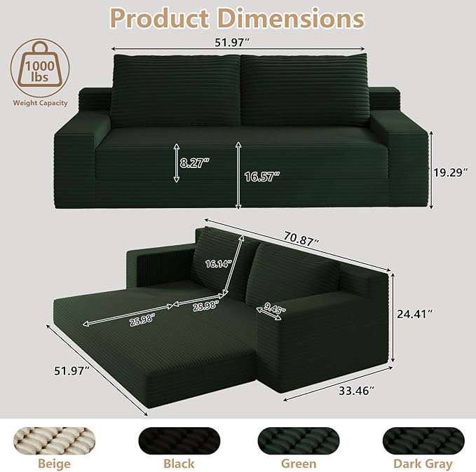 Cloud Loveseat Sofa, Modern Corduroy 2-Seater Couch with Deep Seat, No Assembly Required Memory Foam Sofa, Boneless Sofa in a Box for Bedroom, Apartment, Office,Small Space (Green,70.87in)