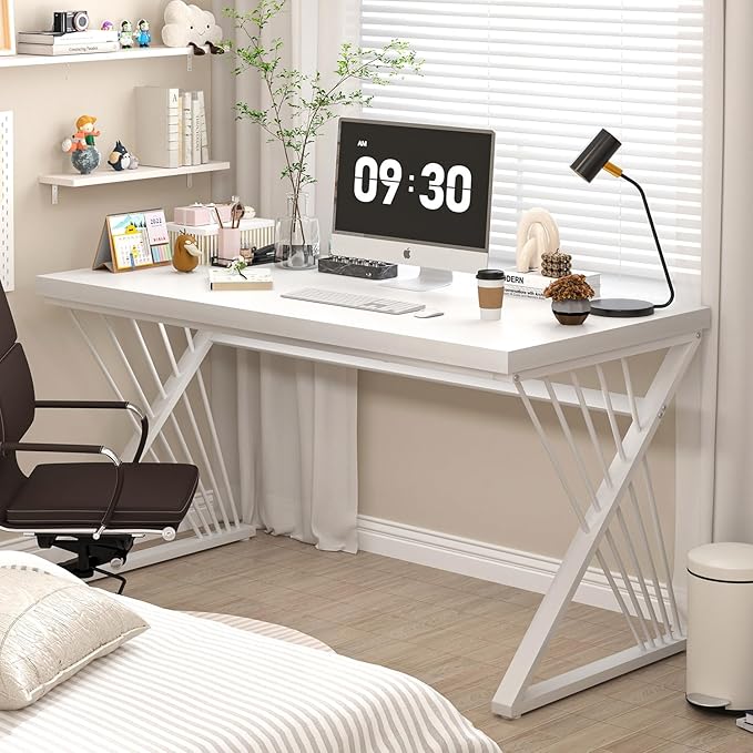FOLUBAN White Desk, Modern Wood and Metal Computer Desk for Home Office, Simple Writing Work PC Desks for Bedroom, Industrial Study Gaming Table for Living Room, White, 47 Inch