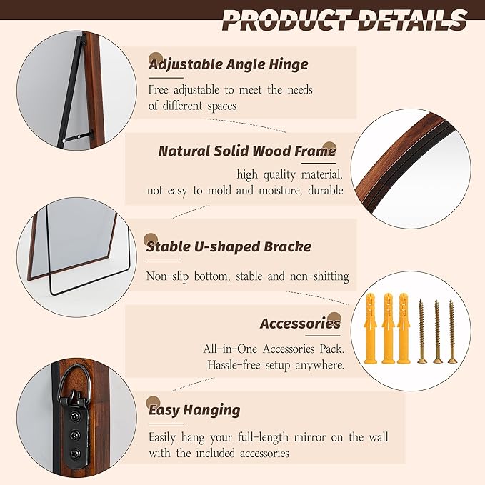 Full Length Mirror 76"×41" Floor Mirror Standing Tall Mirror, Arched Stand up Large Wall Mirrors, Freestanding Full Body Mirrors for Bedroom Living Room Wood Antique Style Walnut