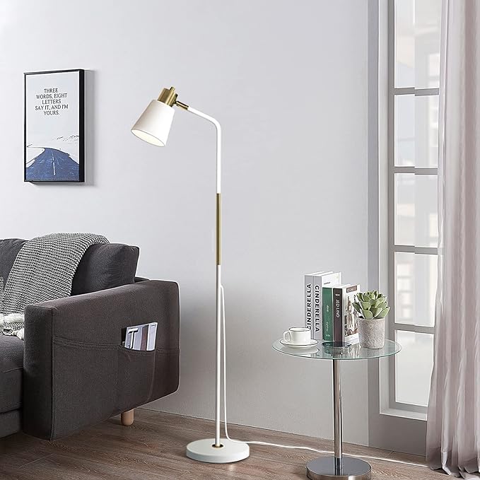 Floor Lamp, Industrial Floor Lamps for Living Rooms Rustic Farmhouse Reading Standing Floor Lamp Adjustable Metal Heads Indoor Task Lighting for Living Room Bedroom Office Home Décor (White)