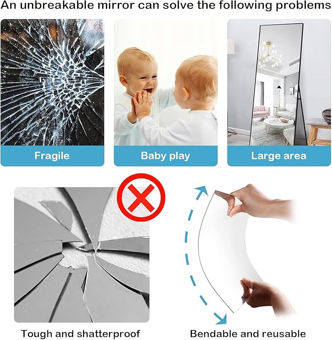 Full Length Wall Mirror Tiles, 12"x 12" x 12Pcs Acrylic Mirror Wall-Mounted, Shatterproof Non Glass Safety Mirrors Great for Baby Kids Playroom