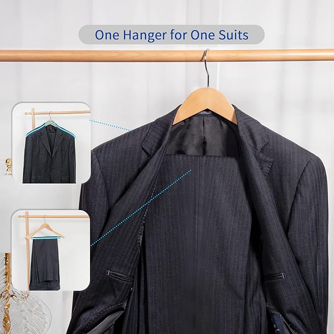 Nature Smile Luxury Natural Wooden Suit Hangers - 12 Pack - Wood Coat Hangers,Jacket Outerwear Shirt Hangers,Glossy Finish with Extra-Wide Shoulder, 360 Degree Swivel Hooks & Anti-Slip Bar with Screw