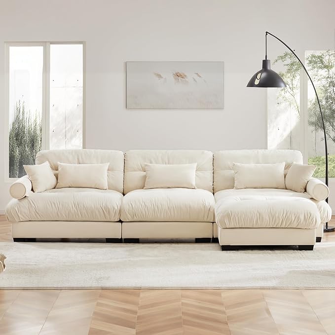 130"Oversized Couch, 3 Seater Modular Sectional Sofa, Beige White Large L Shaped Sectional Couches for Living Room, Fluffy Couch Set, 3 Seater, Velvet Cloud Couches with Ottoman, Sofas for Living Room