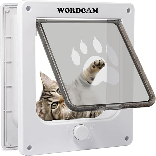 Wordcam Medium Cat Door Flap, 4 Way Locking Cat Door for Interior Exterior Doors, Pet Door for Cats Kitty Kittens Doggies, Robust, Weather-Resistant (White, M)