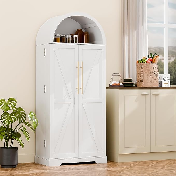 65" H Arched Kitchen Pantry Cabinet, Modern Farmhouse Storage Cupboard with Adjustable Shelves, White Freestanding Wood Cabinet for Kitchen, Living Room, Dining Room