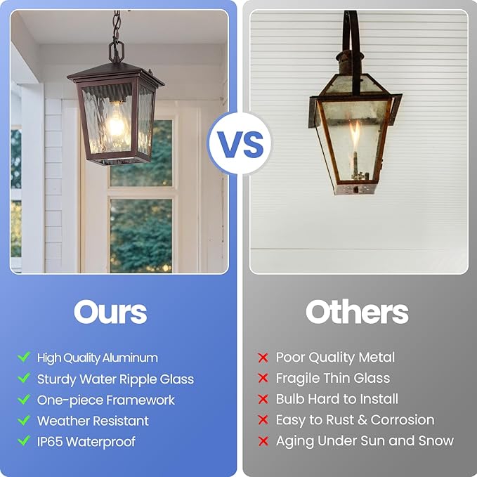 Outdoor Pendant Light, Brown Outdoor Porch Light fixtures with Anti-Rust, Coffee Exterior Hanging Lantern, Height Adjustable Outside Chandelier with Water Glass for House Patio Garage