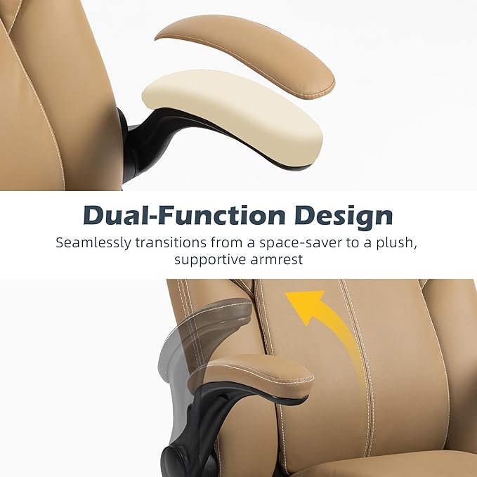 Office Chair - Executive Leather High Back Office Desk Chair with Rocking Function - Ergonomic Breathable Comfortable Wide Swivel Rolling Gaming Computer Chair with Flip-up Armrests & Lumbar Support