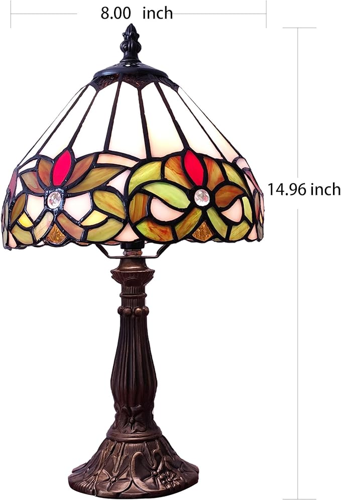 Tiffany Style Small Table Lamp Stained Glass Antique Bedside Nightstand Lamp Small Antique Side Desk Light 8X8X15 Inch for Bedroom Living Room Home Office,3-Color LED Bulb Include