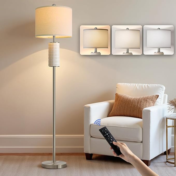 PoKat Ceramic Floor Lamps with Remote, 64" Modern Floor Lamps for Living Room with Stepless Dimmable Colors Temperature, Tall Standing Lamp for Living Room Bedroom Office, 9W Bulb Included, Silver