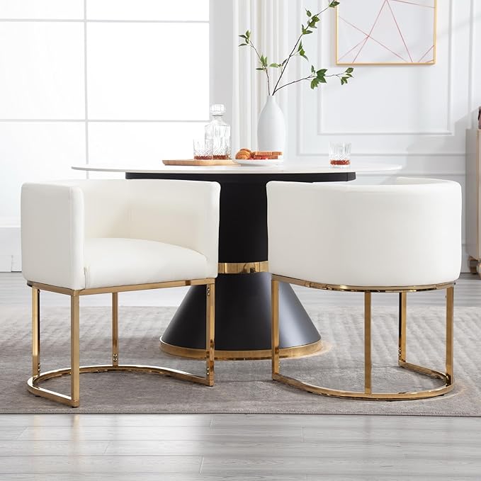Faux Leather Dining Chairs Set of 3 Modern Barrel Armchairs with Golden Metal Frame, Upholstered Kitchen Chairs 18.5" Wide Accent Chairs for Living Dining Restaurant, White