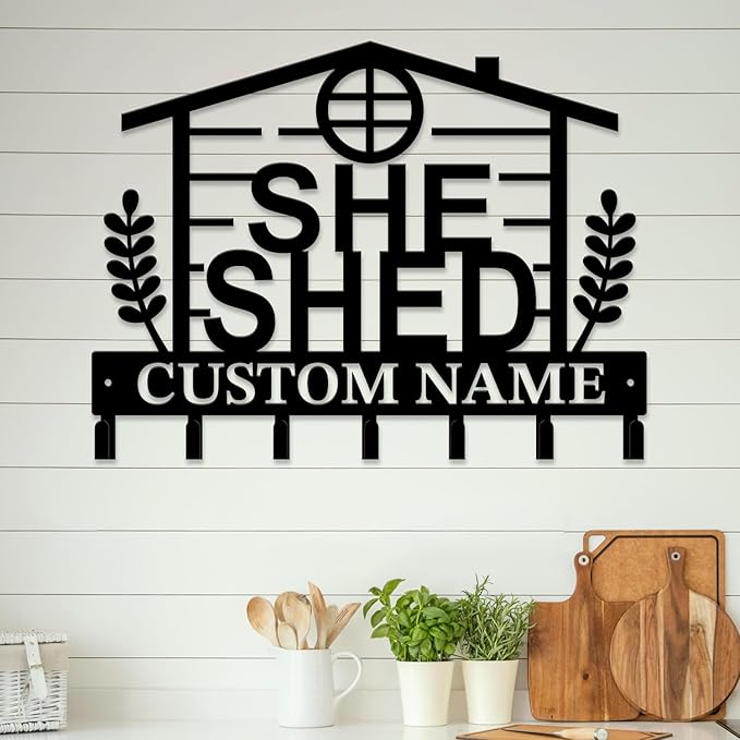 Personalized She Shed Keys Hooks,Custom Name Metal She Shed Art Keys Hooks,Metal She Shed Lover Wall Home Storage Decorative Keys Hooks,Key Holder Hooks for Wall (Style C)