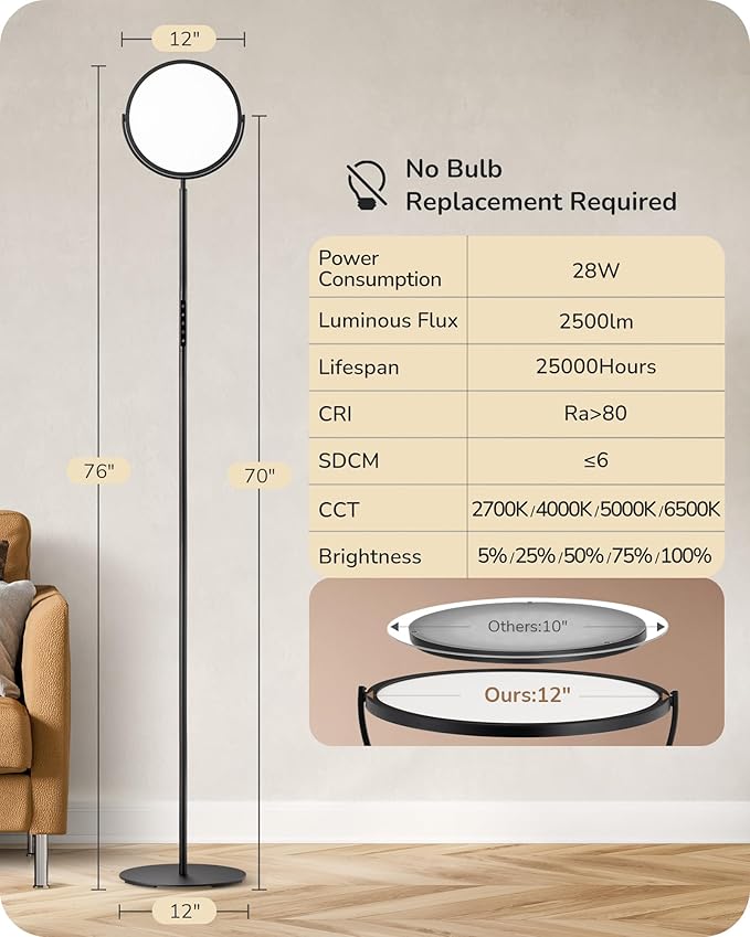 EDISHINE 76" Tall Floor Lamp, 28W 2500LM Bright LED Lights for Living Room, 300° Flexible Head Reading Lamps with Remote, 2700K-6500K Dimmable Minimalist Torchiere Corner Lamp for Bedroom Office Black