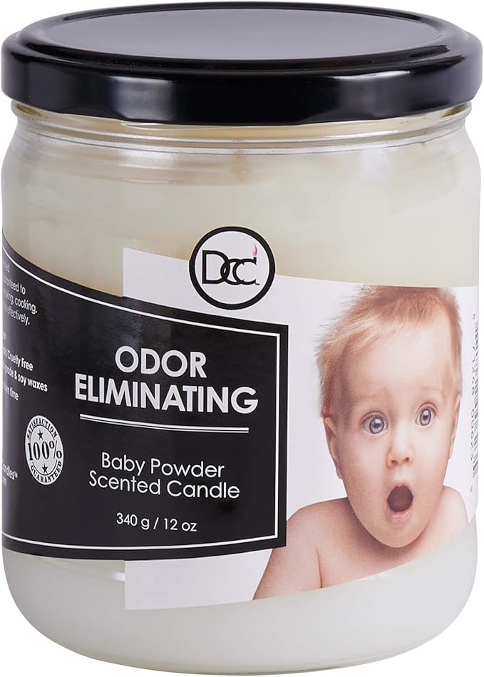 Baby Powder Odor Eliminating Highly Fragranced Candle - Eliminates 95% of Pet, Smoke, Food, and Other Smells Quickly - Up to 80 Hour Burn time - 12 Ounce Premium Soy Blend