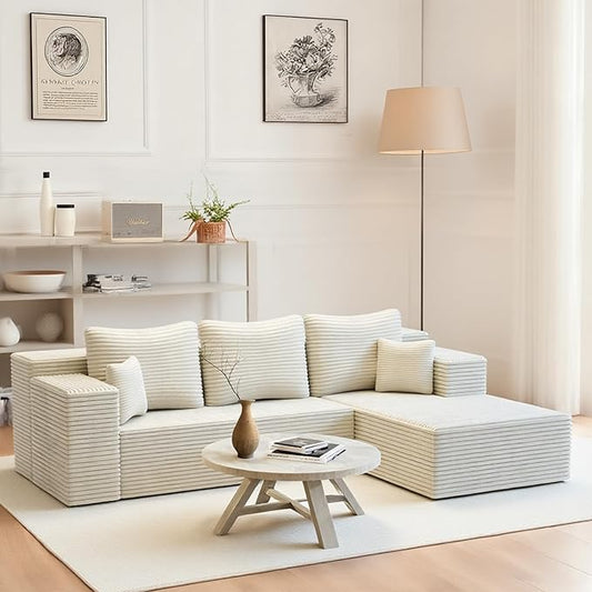 106'' Boneless Couches for Living Room, L Shaped Modular Sectional Sofa with Chaise Lounge, Faux Rabbit Fur & Layered Cushion Deep Seat Cloud Couch, No Assembly (Beige, Right Facing Chaise)