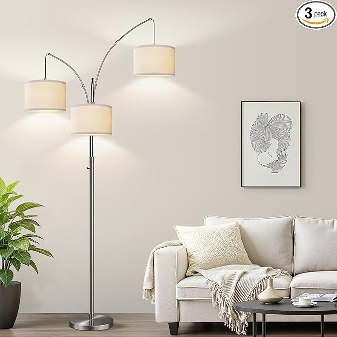 Nintiue Dimmable Floor Lamp - 3 Lights Brushed Nickel Arc Floor Lamps for Living Room,1000LM Modern Tall Standing Lamp with White Shades,Mid Century Tree Floor Lamp for Bedroom,3 LED Bulbs Included