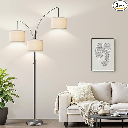 Nintiue Dimmable Floor Lamp - 3 Lights Brushed Nickel Arc Floor Lamps for Living Room,1000LM Modern Tall Standing Lamp with White Shades,Mid Century Tree Floor Lamp for Bedroom,3 LED Bulbs Included