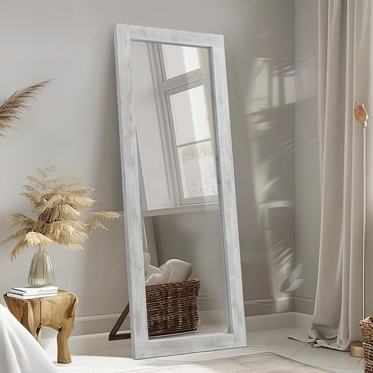 MELOMOIR Rustic Farmhouse Full Length Mirror with Wood Frame, 56"x21" Long Mirror for Bedroom Living Room Cloakroom, Free Standing Hanging or Leaning, Weathering White