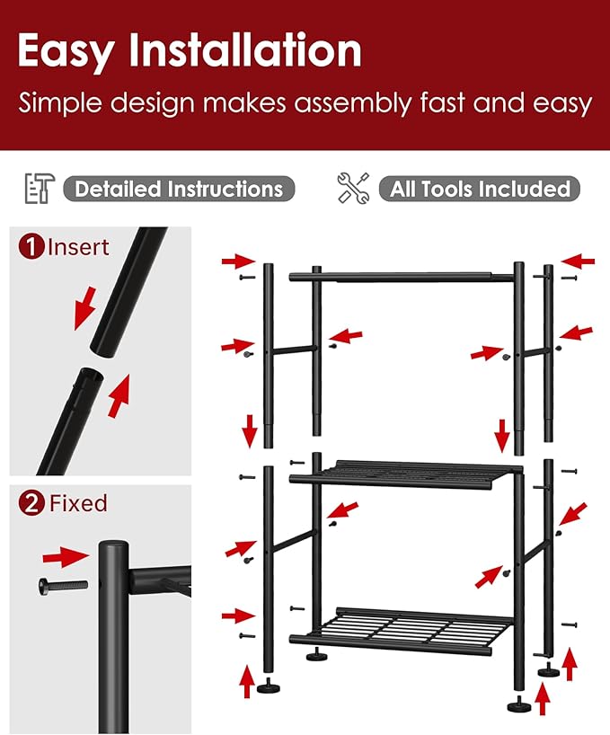 2-Pack Storage Shelves - 3-Tier Metal Wire Shelf Organizer, Slim Shelf Rack with Adjustable Feet for Laundry Room, Kitchen, Garage Organization, 18.2" x 12.3" x 30.4", Black