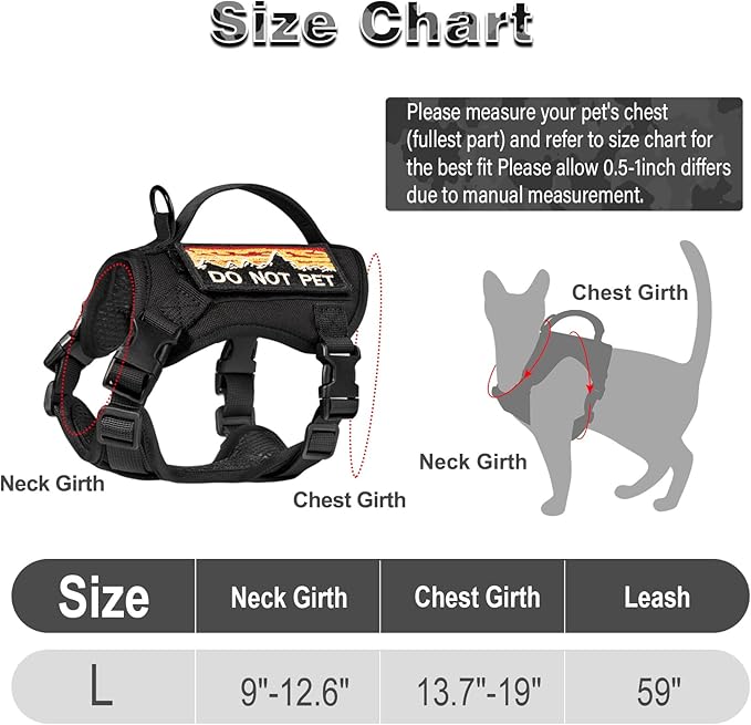 Tactical Cat Harness and Leash Set for Walking, Adjustable Escape Proof Pet Vest for Large Cat,Easy Control Breathable Cat Vest with Handle，Molle Patches (Black, L)