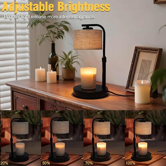 Candle Warmer Lamp with Timer,2 Bulbs, Metal Base and Adjustable Height Fabric Shade Candle Warmer Lamp for All Jar Candles, House Warming Decor Gifts, French Gold (Metal)